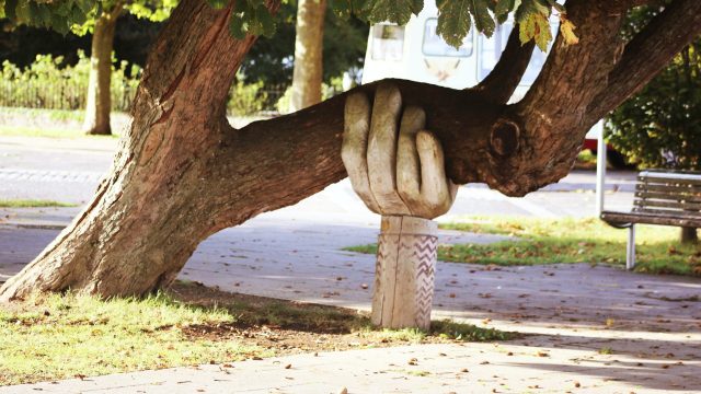 A sculpted hand keeps a leaning tree from falling over.