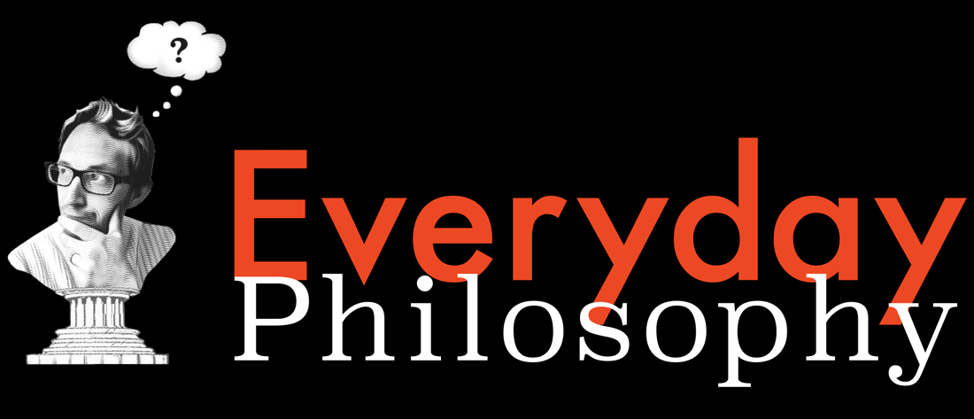 Logo for "everyday philosophy" featuring a bust of a man with glasses and a thought bubble, set against a bold, orange text on a black background.