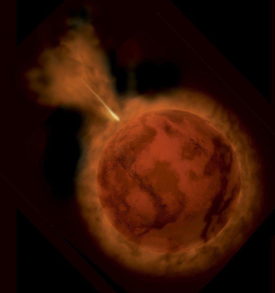 A large impact from an asteroid billions of years ago may have created the moons of Mars, including an inner, larger one that no longer exists today! (Credit: Medialab, ESA 2001)