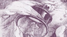 A person stands in front of a large face, peering into an oversized monocle held by a giant hand, as if searching for traces of free will within the magnified gaze.