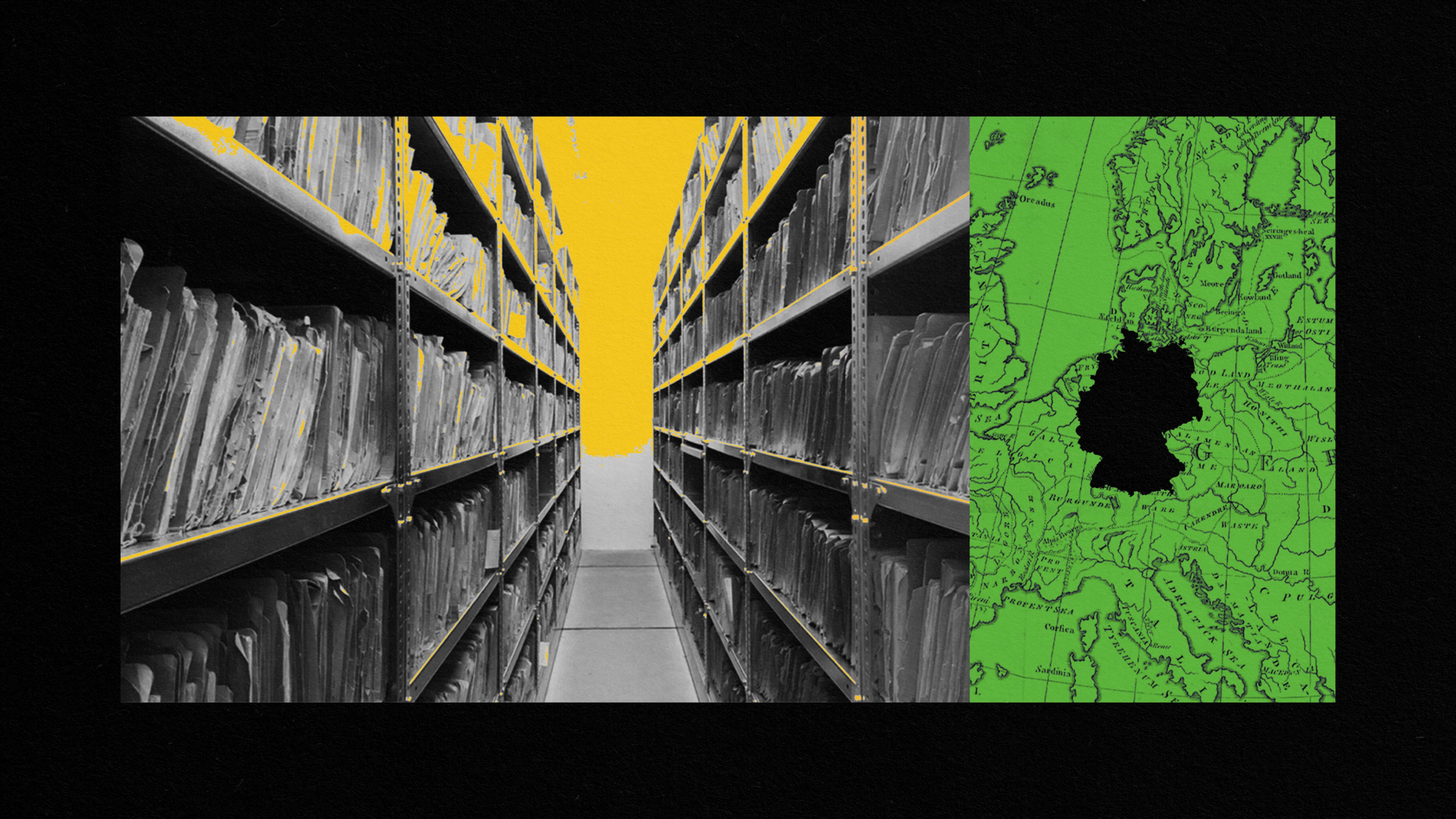 A collage featuring an image of the Stasi Records Archive and a map of Europe with the shape of Germany blacked out.