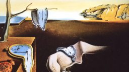 A surreal painting ponders is time travel possible, with melting clocks draped over a tree, ledge, and abstract form in a barren landscape against distant cliffs.