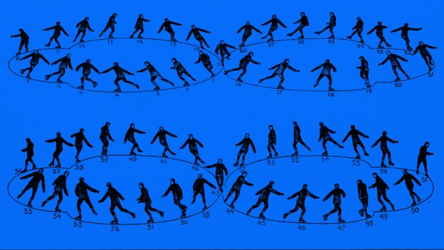 Four sequential diagrams of a figure skater performing moves within oval tracks, each position numbered from 1 to 58 on a blue background—visually illustrating how to change habits through step-by-step progress.
