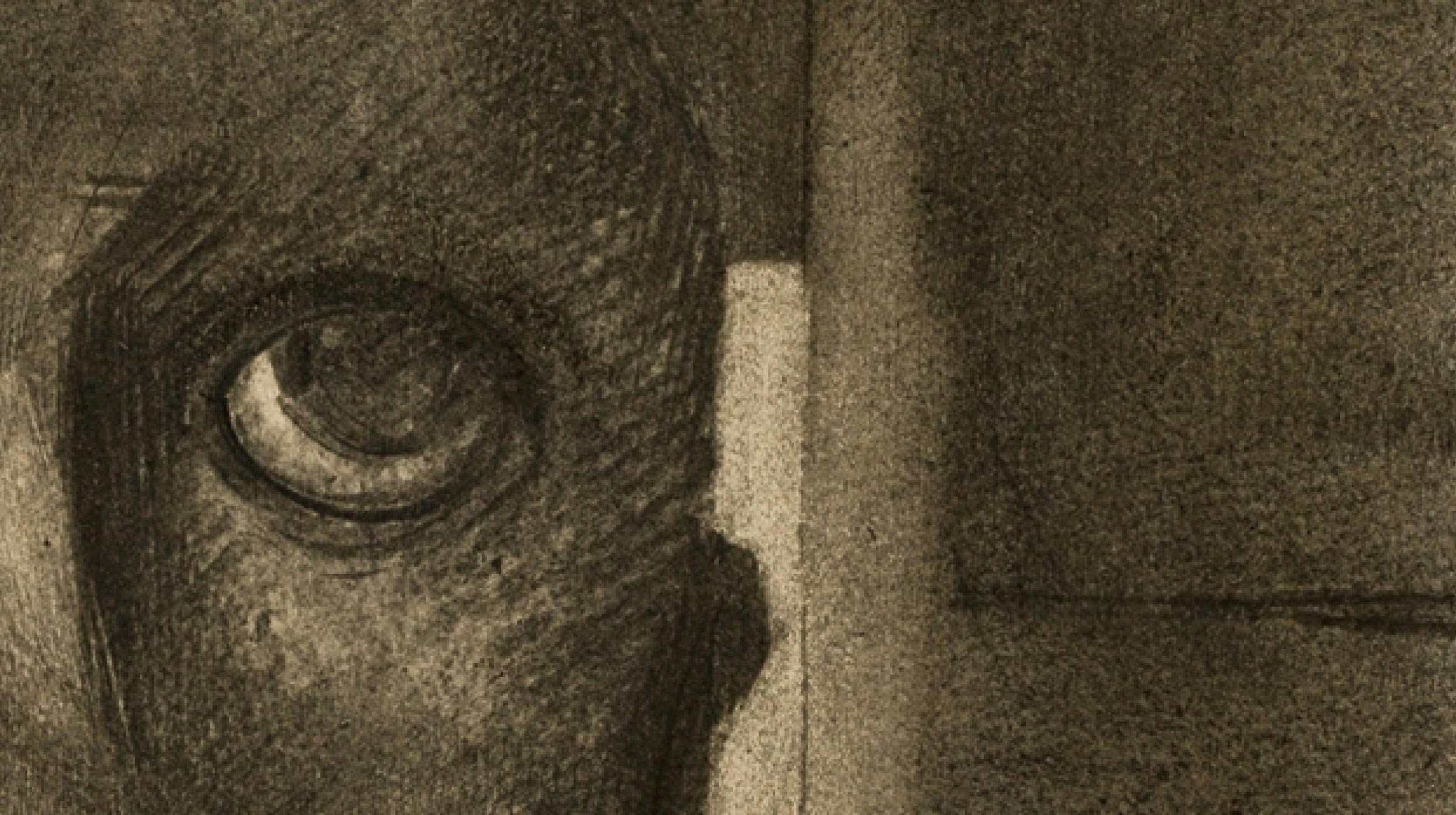 Close-up of a pencil and charcoal drawing showing a detailed human eye on the left side, with textured shading and geometric shapes in the background—capturing the beauty found where science fails to explain human perception.