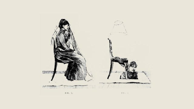 Two black-and-white illustrations blur reality: a woman sits on a chair, while another person’s head unexpectedly emerges through a hole in the floor beneath a nearby chair.