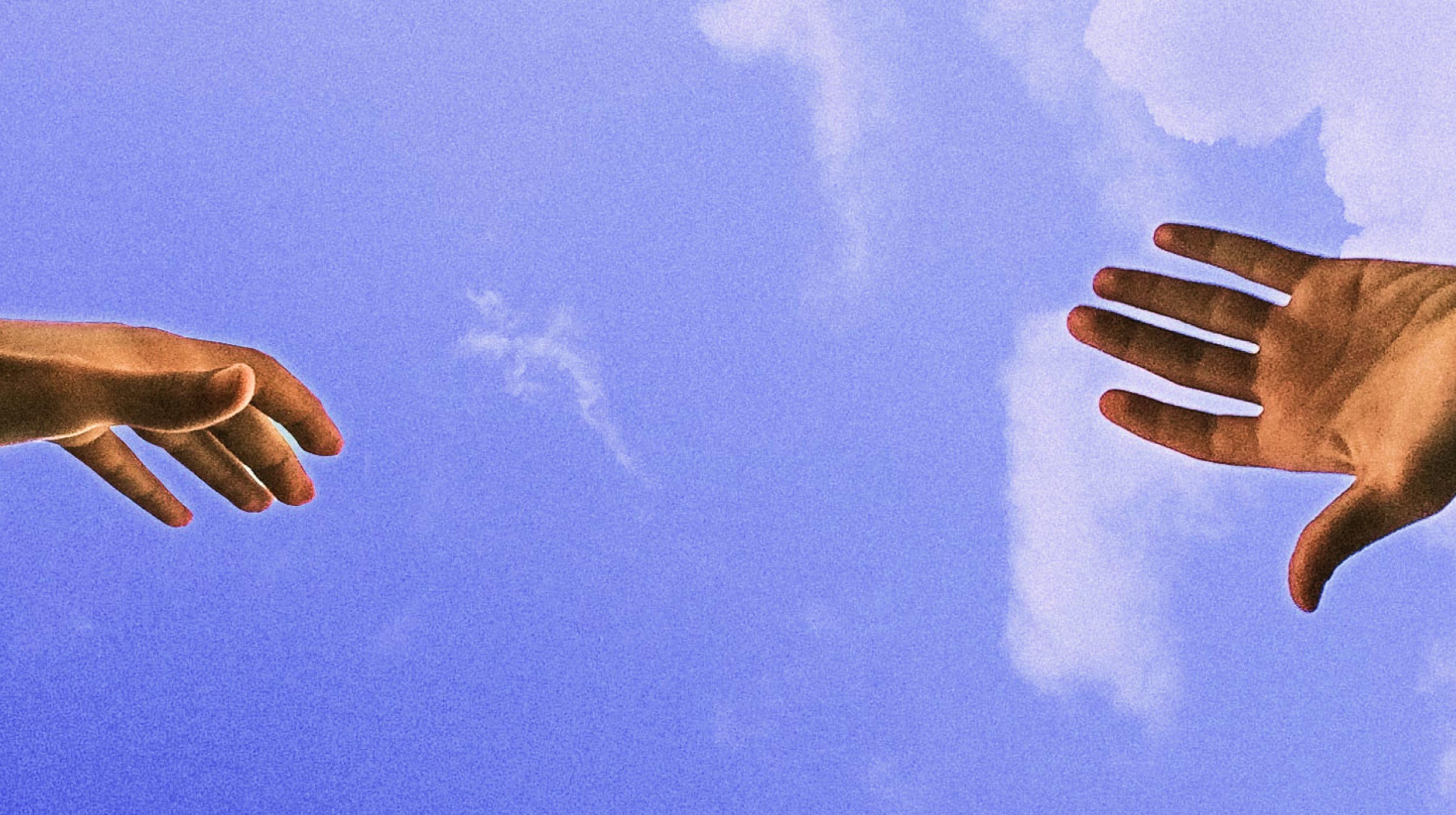 Two hands reaching towards each other against a bright blue sky with clouds, subtly exploring why empathy is bad when it leads to emotional overwhelm.