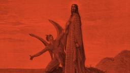 A figure with wings kneels and gestures toward a standing, robed figure against a red background, evoking the question: what is hell like? Both appear in a detailed, engraved style.
