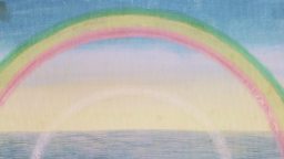 A softly colored illustration of a double rainbow arches over a calm blue sea under a pastel sky, evoking harmony between religion and science.