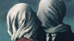 Two figures, their heads covered in white cloth, face each other closely against a dark background, evoking the mysterious science of love.