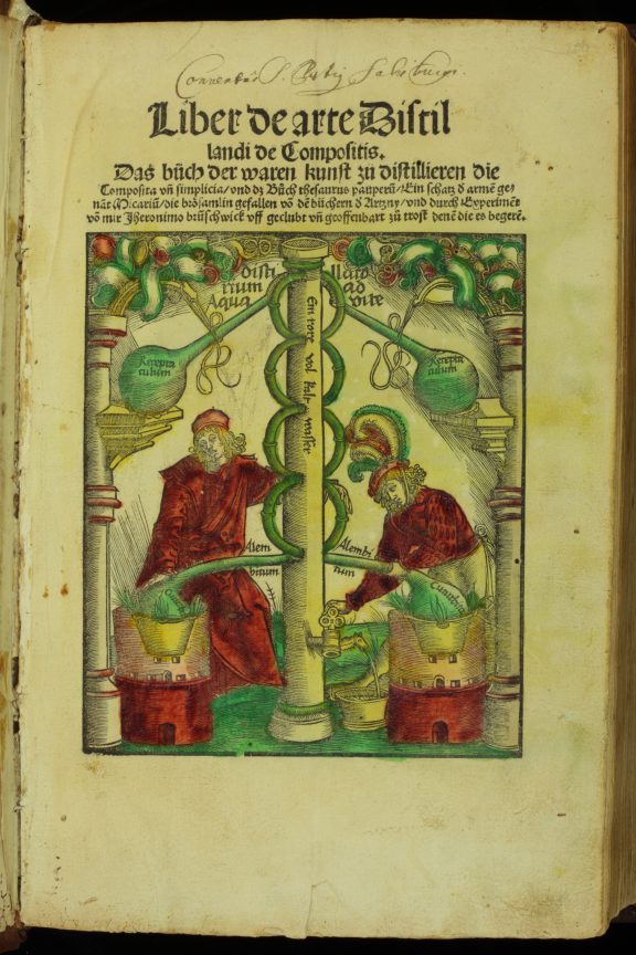 A 16th century illustration of two alchemists attempting to distill aqua vitae.