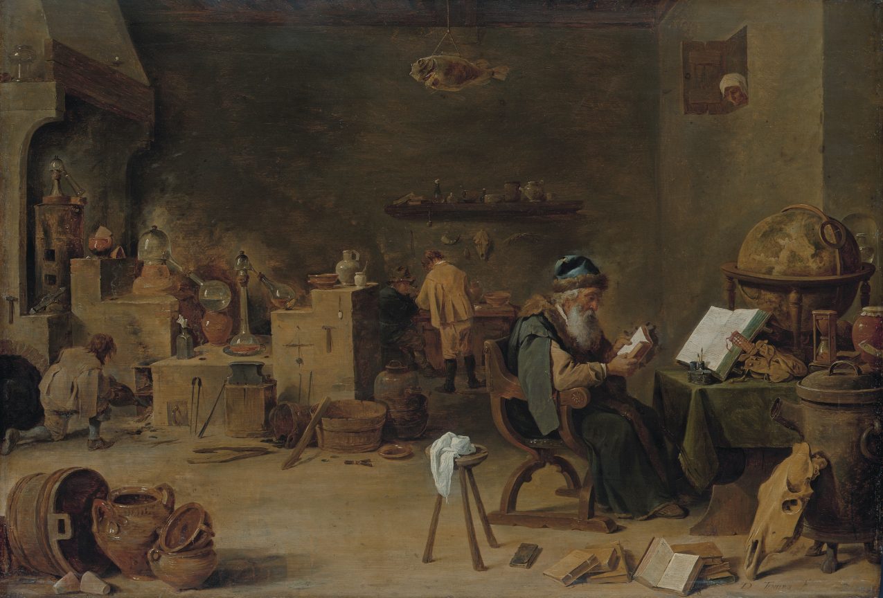 "The Alchemists," a 17th-century oil painting by David Teniers the Younger, depicts an alchemist and his apprentices in their lab.