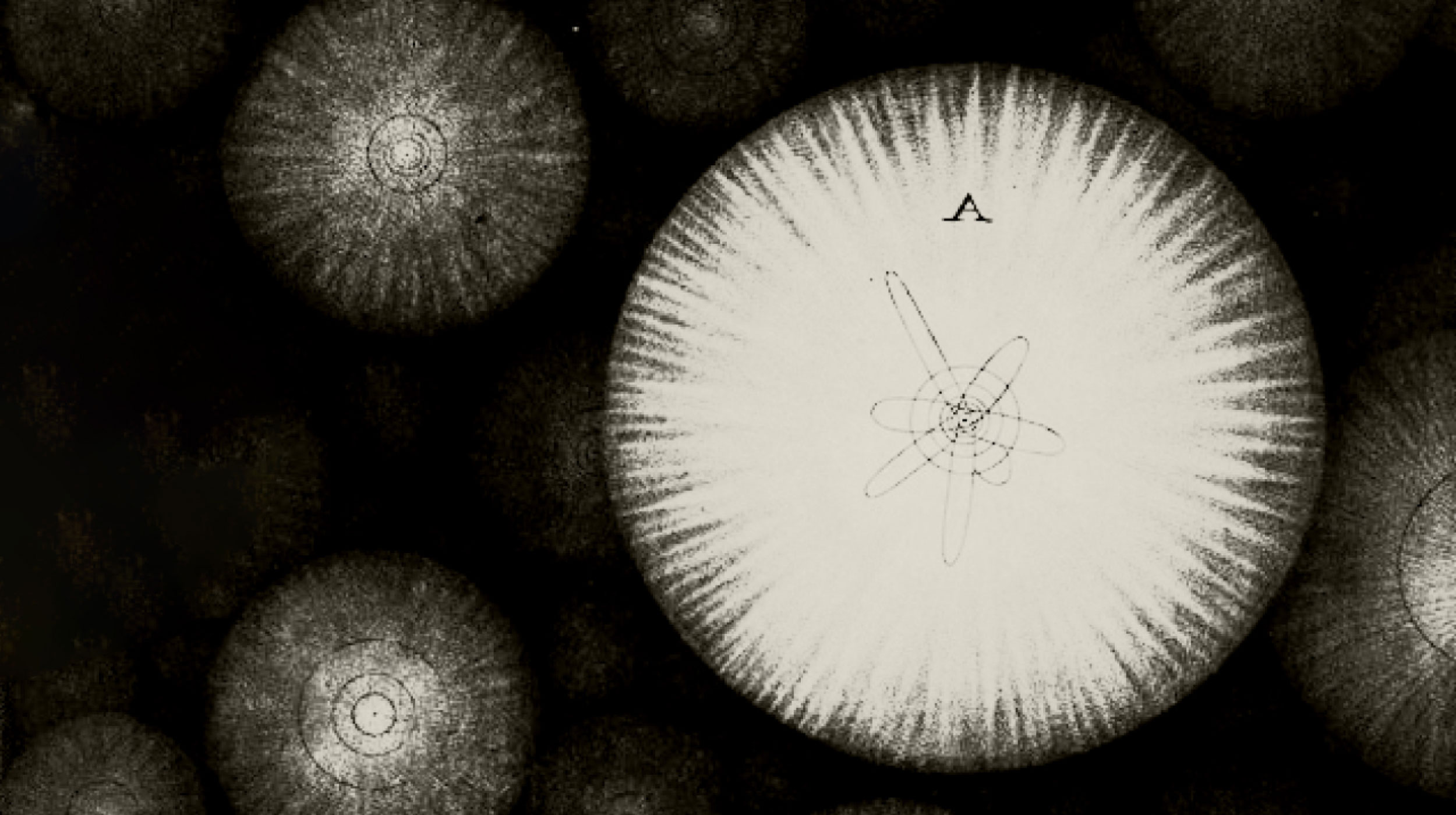 Black and white illustration of circular, radiating patterns with one large labeled circle "A" showing a central orbit-like design among several smaller circles.