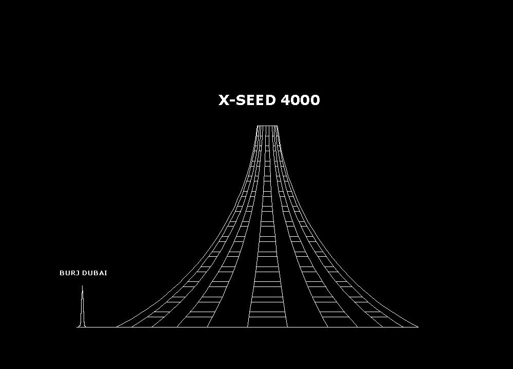 Blueprint for the X-Seed 4000, a 2.5-mile (4-km) tall skypenetrator. (Credit: Newsburst / Wikipedia)