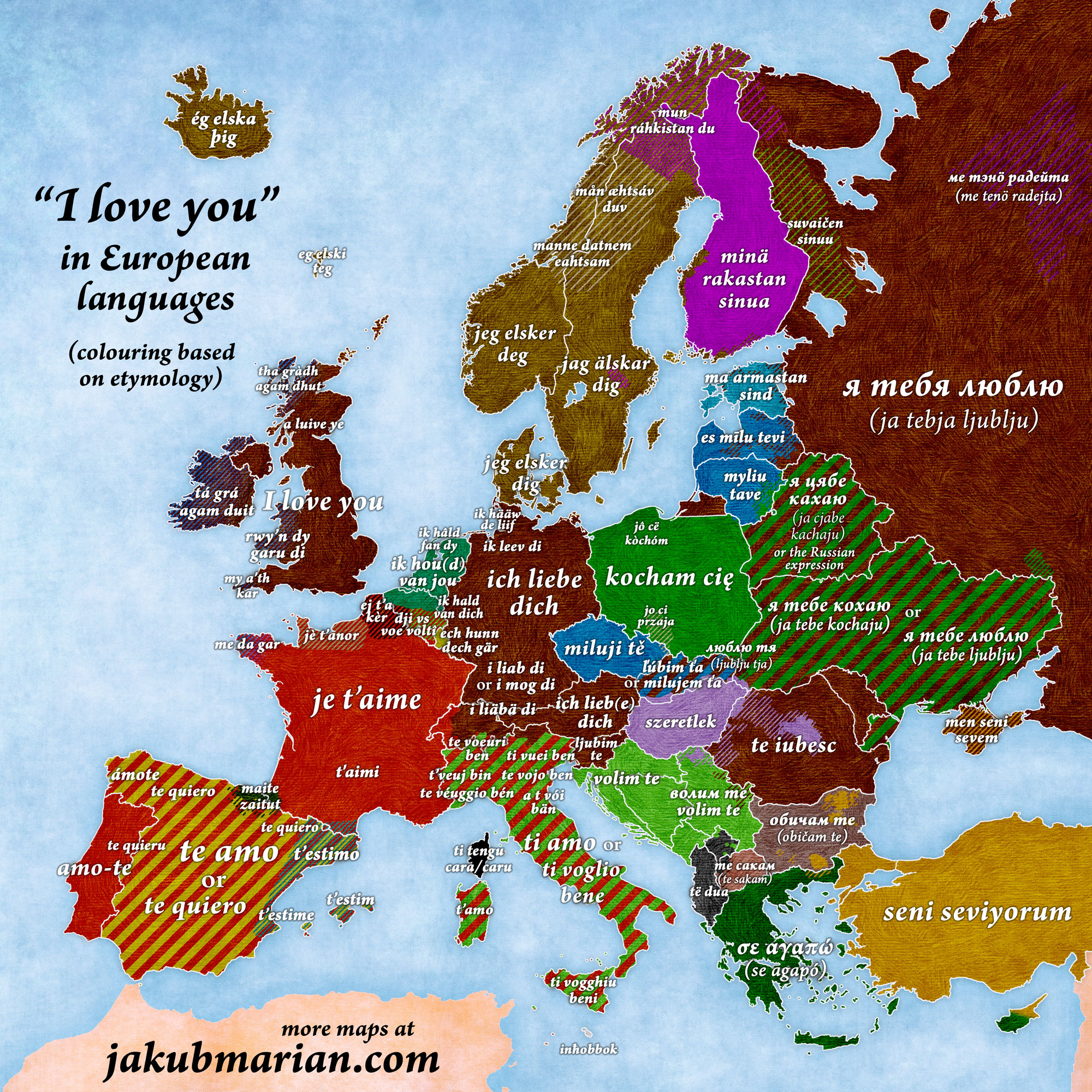 A map of "I love you" in various European languages
