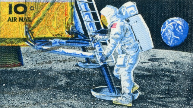 a drawing of an astronaut on the moon.