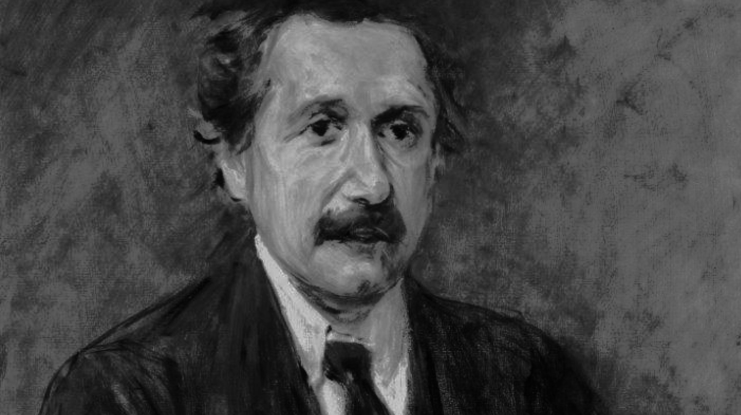 A black-and-white painting depicts a man with tousled hair, a mustache, and a suit with a tie, facing forward against a textured background.