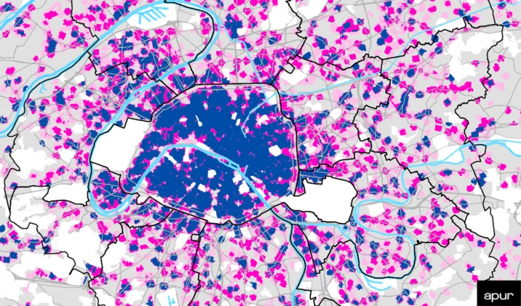 A map of Paris depicting access to bakeries, pharmacies, and news agents.