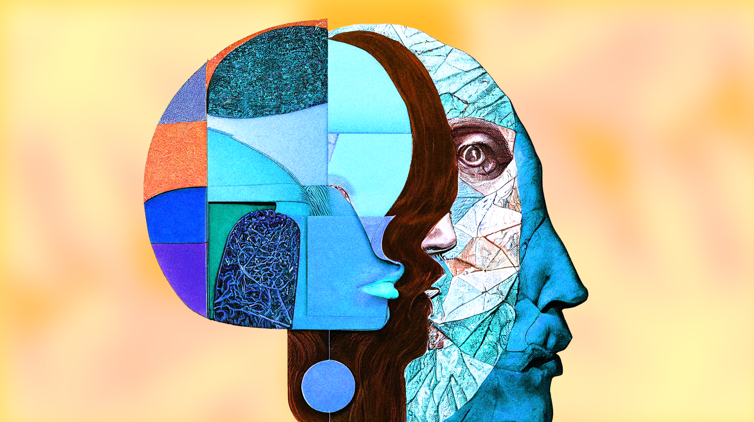 a collage of a woman's face with a colorful background.
