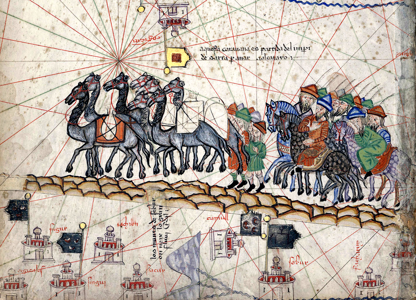 a drawing of a group of people riding on horses.