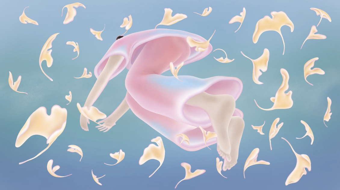 a digital painting of a woman floating in the air.