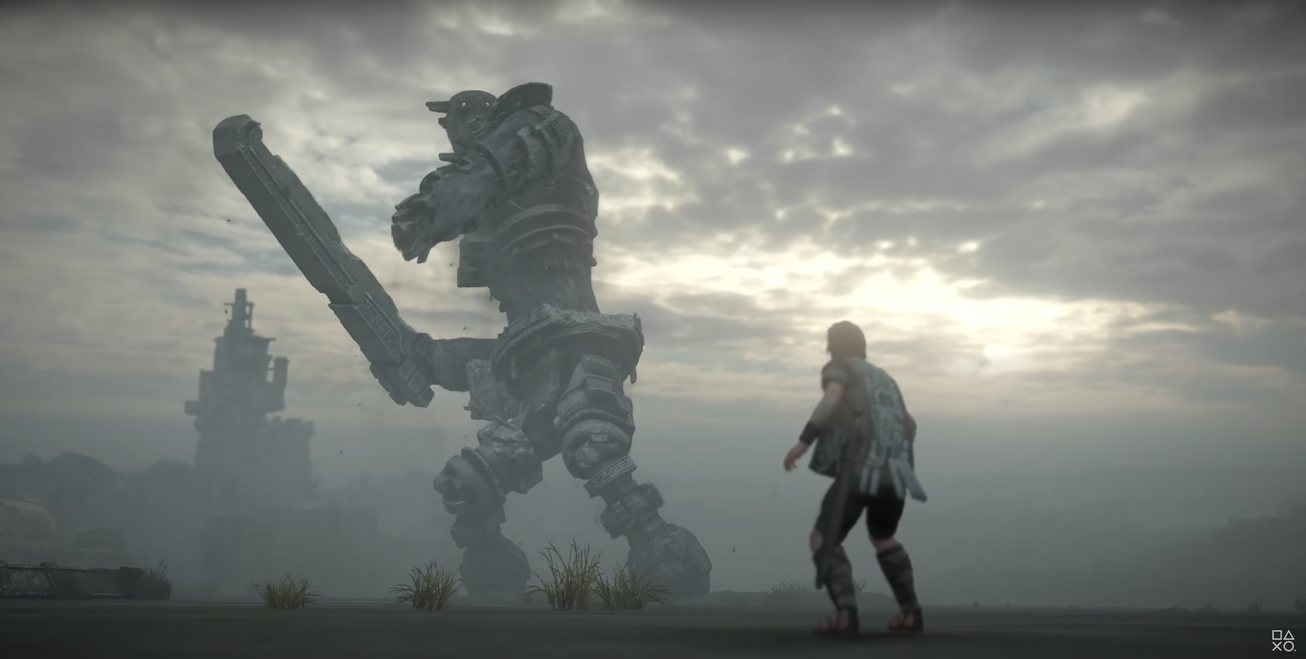 A screenshot from Shadow of the Colossus showing the hero, Wander, in combat with one of the game's colossi.