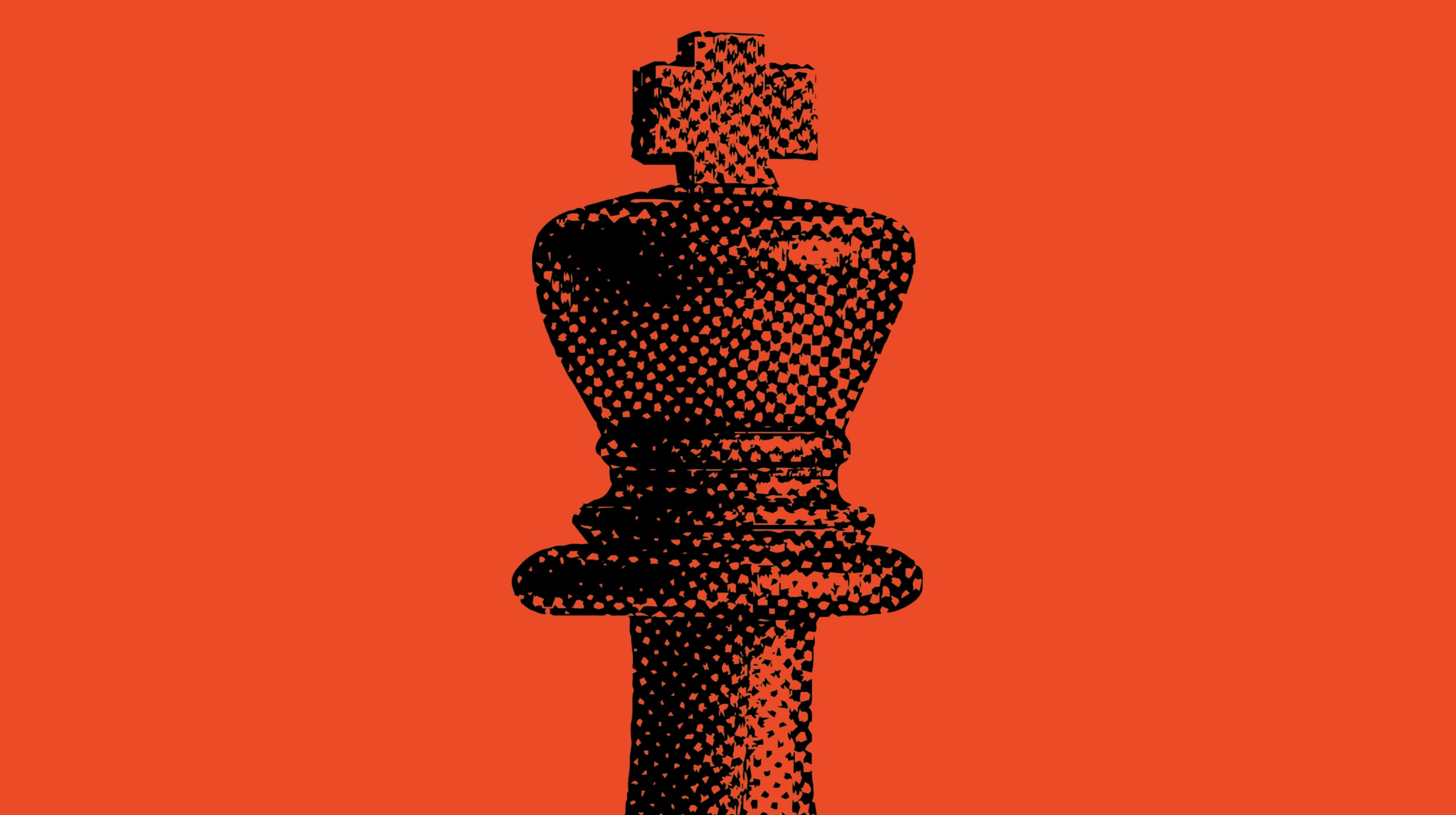 A black and red halftone illustration of a chess king piece on a solid orange background.
