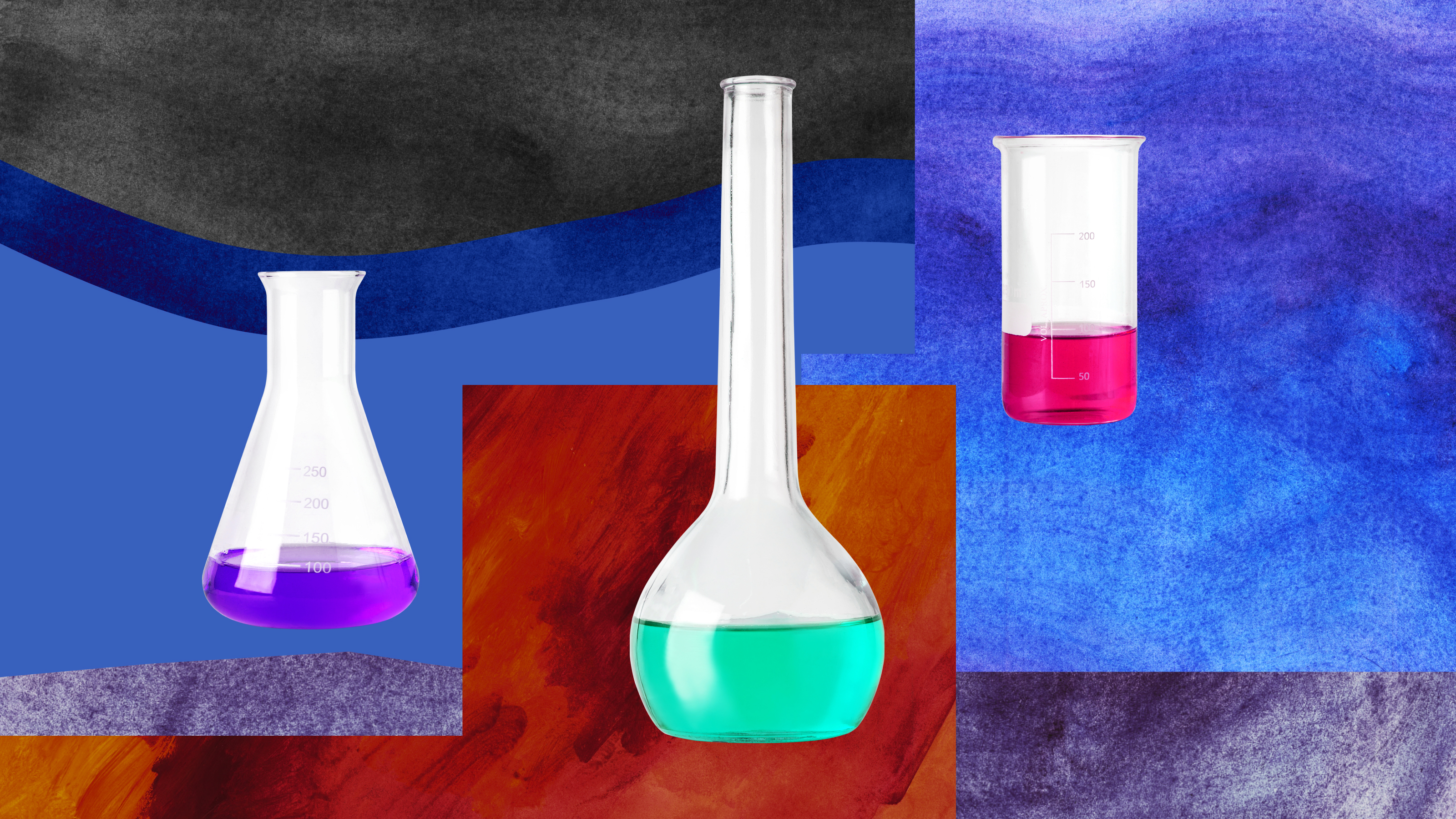 three test tubes with colored liquids in them.