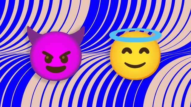 a devil and angel emoji on a graphic background