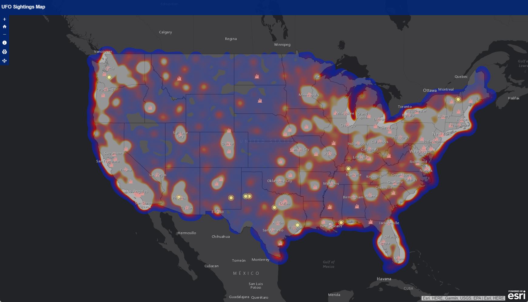 heat map of UFO sightings in the USA