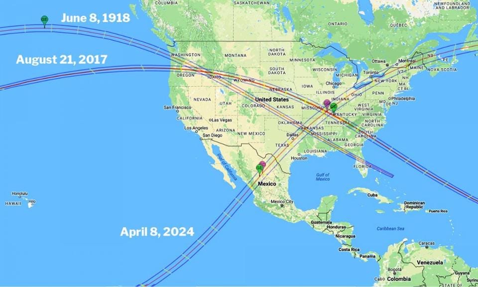 map of three total solar eclipses