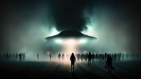 a group of people standing in front of a large UFO