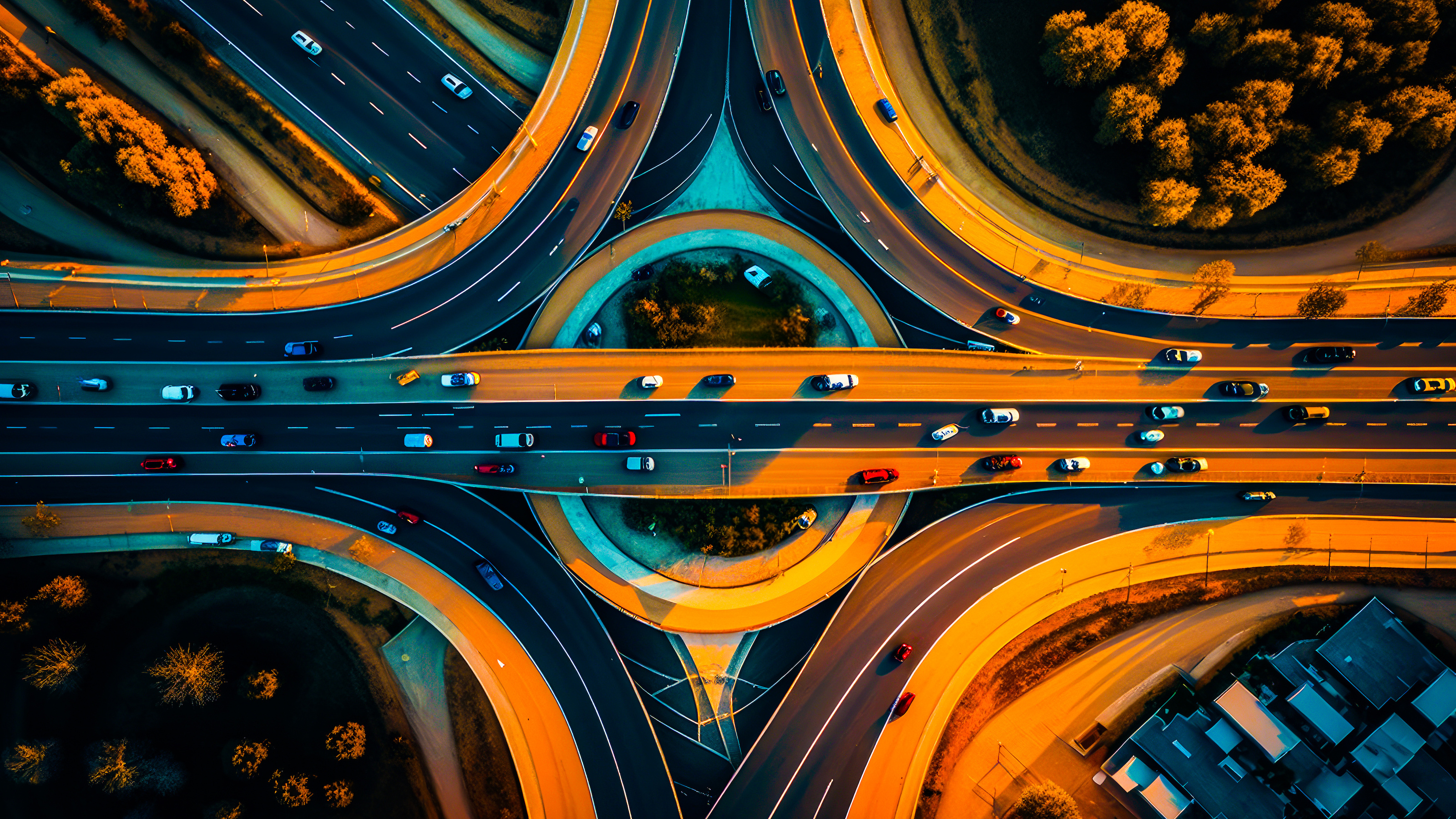 an aerial view of a highway intersection at night.
