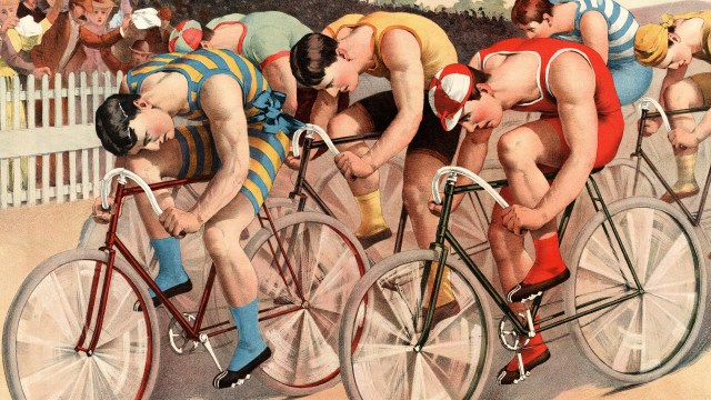 a painting of a group of naked men riding bicycles.