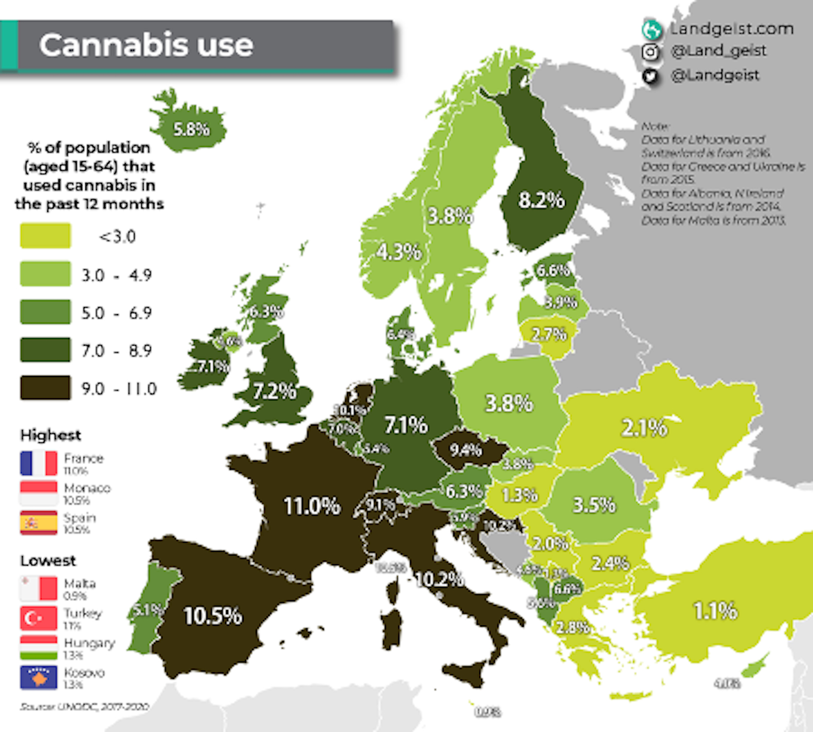 a map showing the percentage of people smoking weed in the country.
