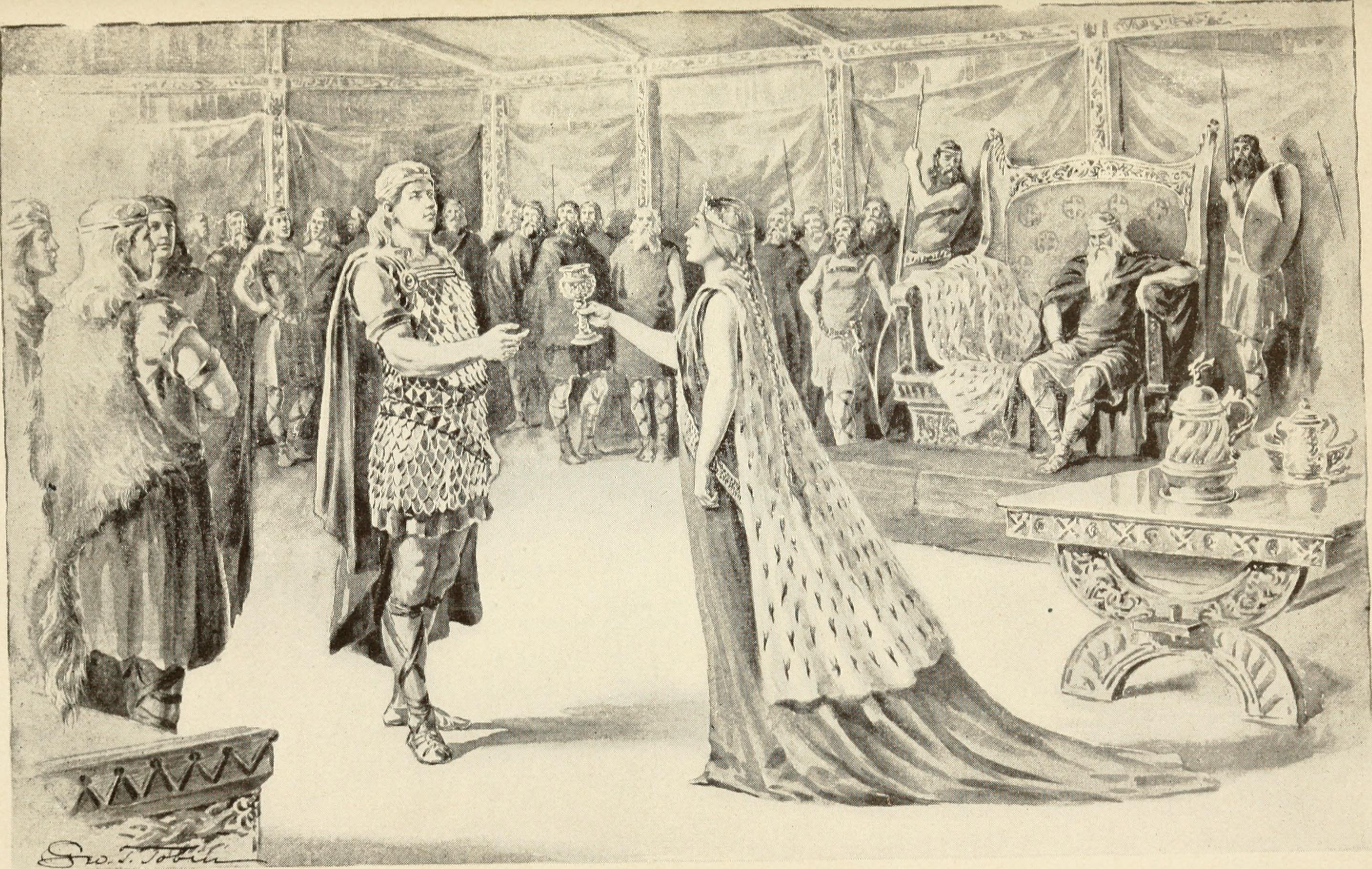 a drawing of a man and a woman standing in front of a crowd of people.