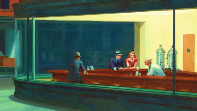 a painting of people sitting at a bar.