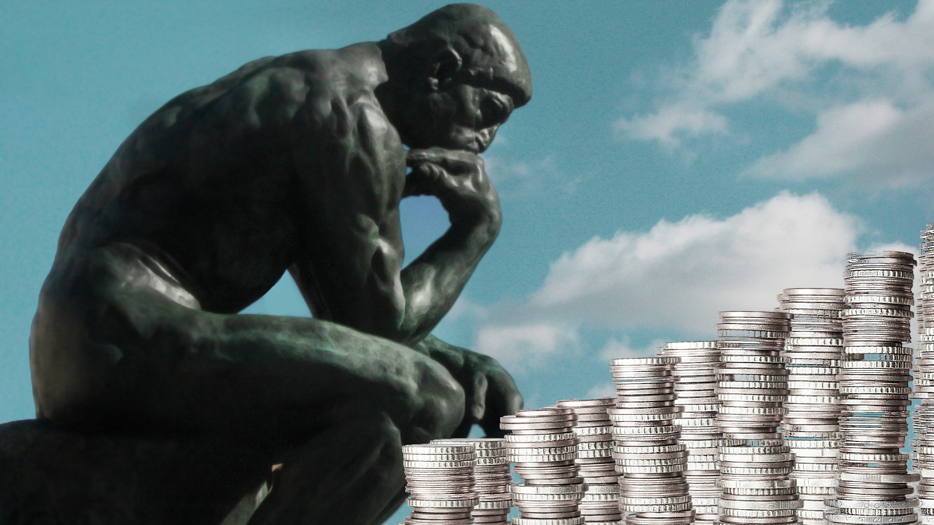 a statue of a man sitting in front of stacks of coins.