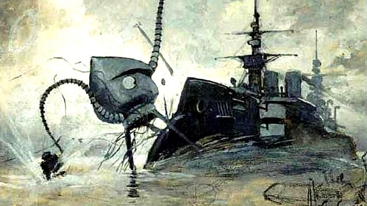 A painting of a tripod alien device attacking a ship.