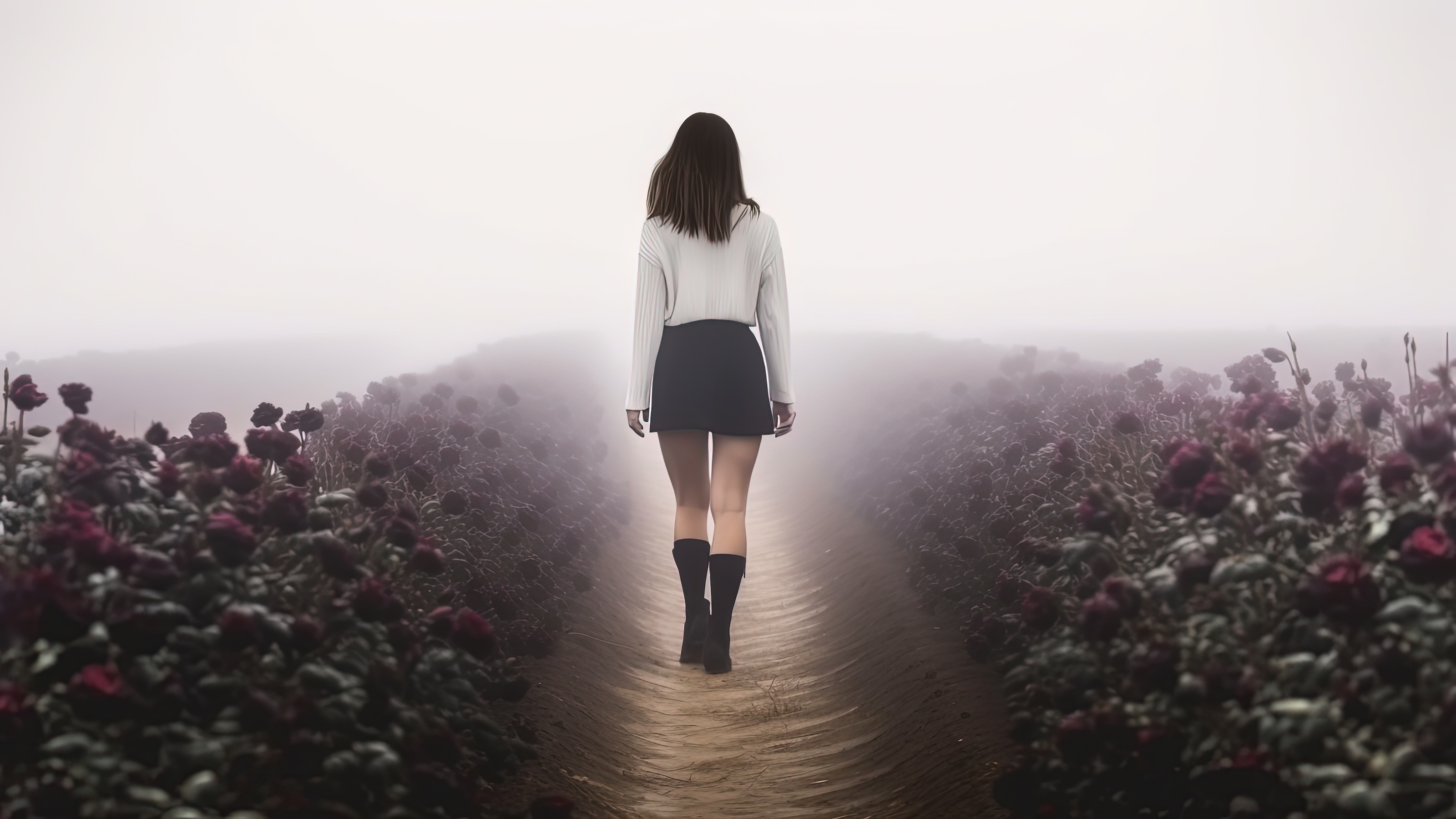 a woman is walking through a field of flowers.