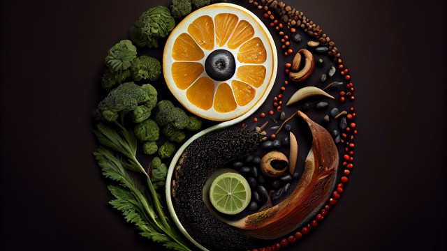 a plate of food with oranges, black beans, broccoli, and.