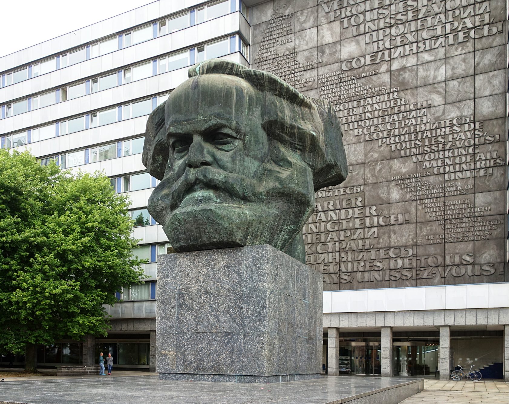 A monument to Karl Marx in front of a building in Chemnitz, Saxony, Germany.