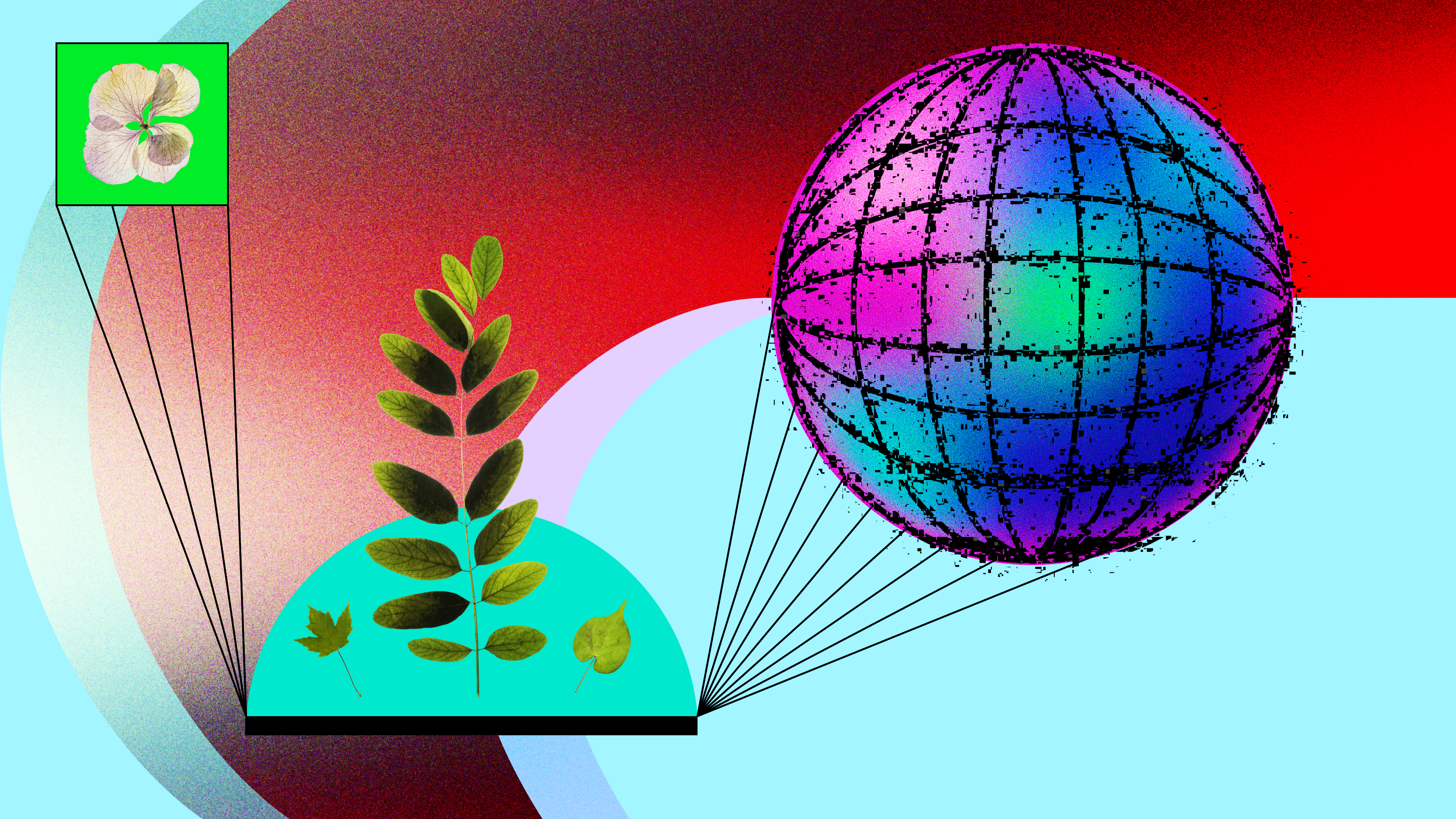 a computer generated image of a balloon and a plant.