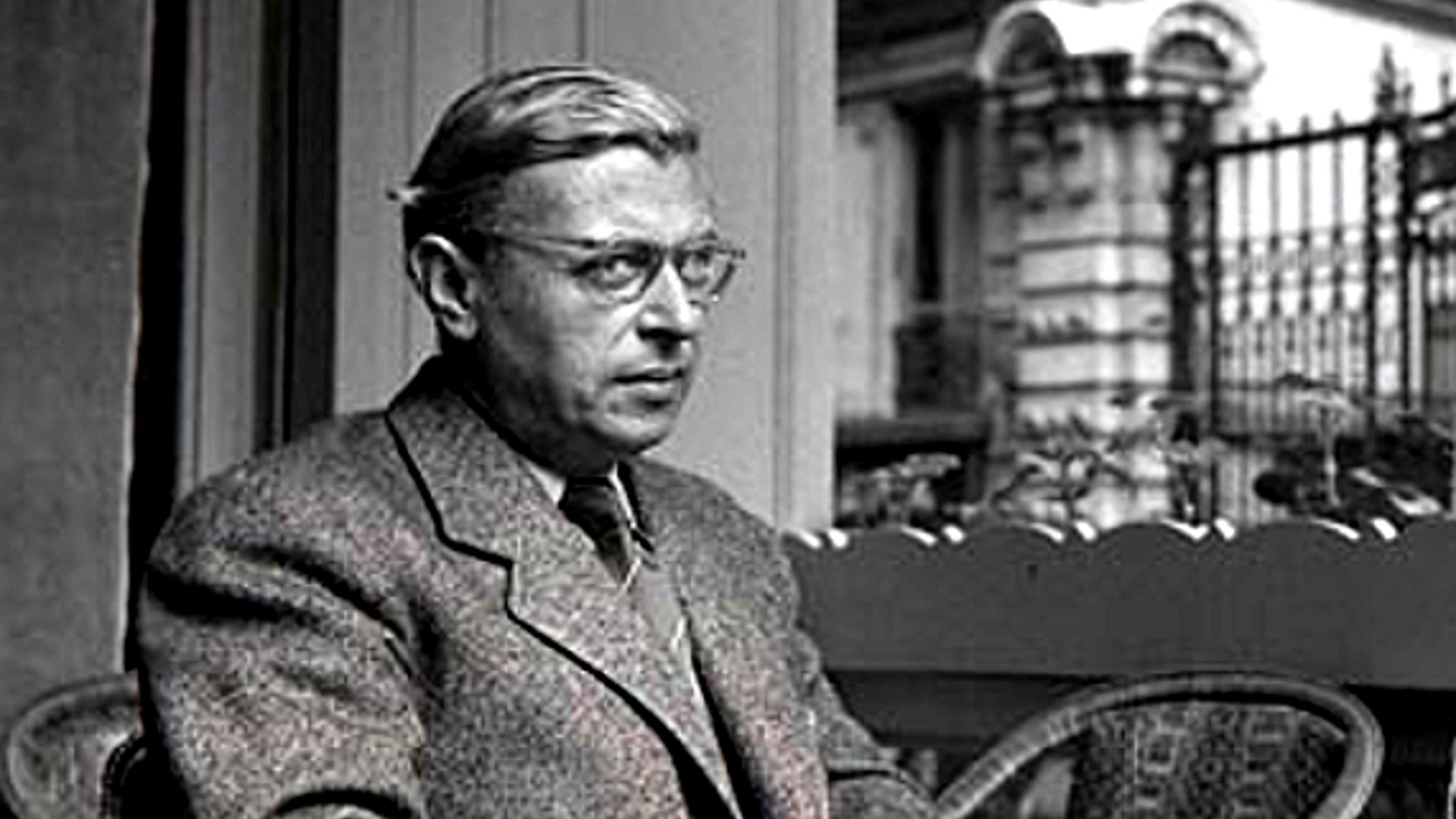 A black and white photo of Jean-Paul Sartre.