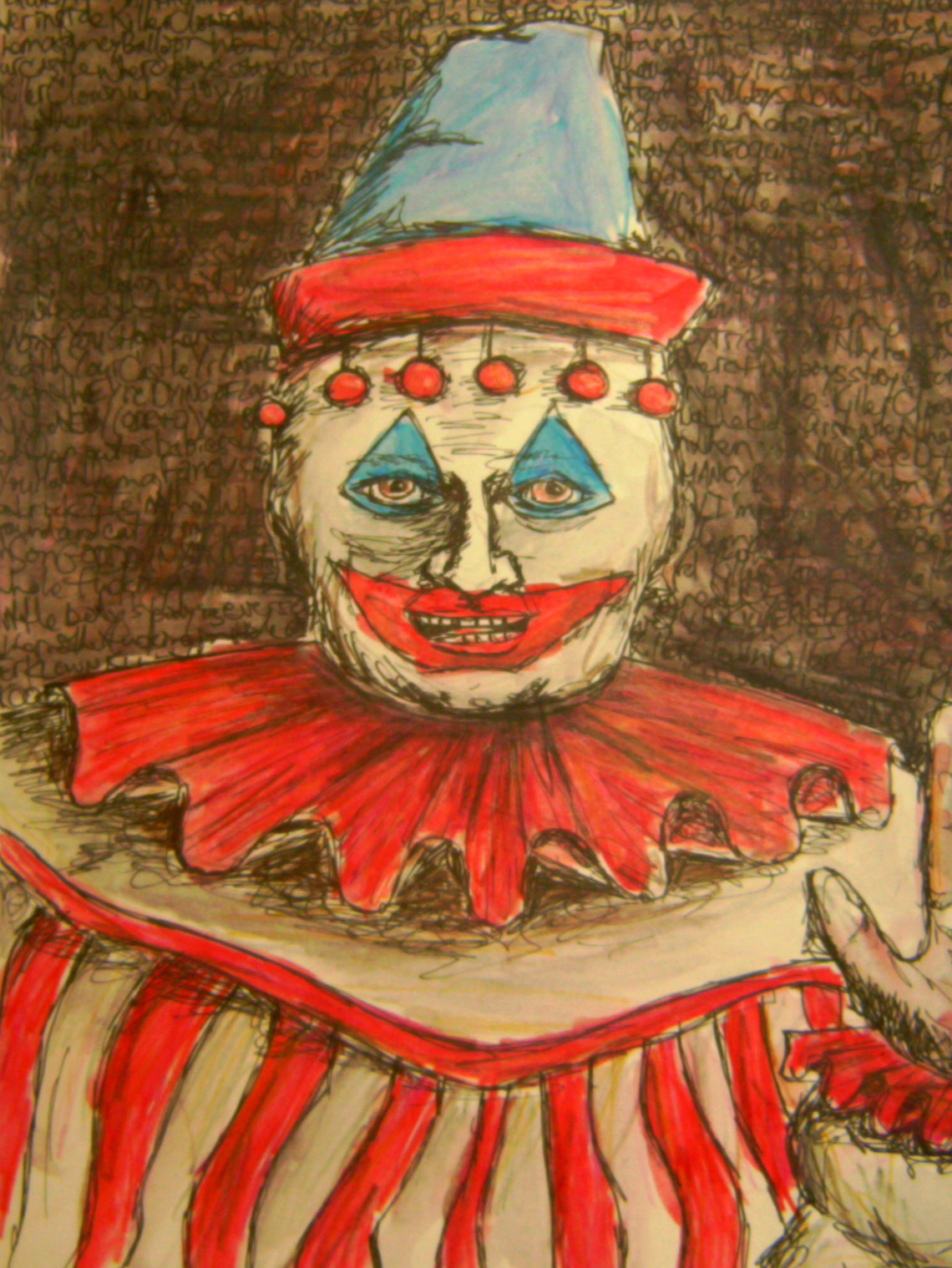 a drawing of a clown with blue eyes.