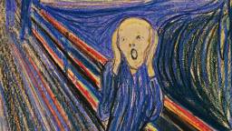 An abstract figure with a pale face holds its head and screams on a bridge, with swirling blue, orange, and black lines in the background.