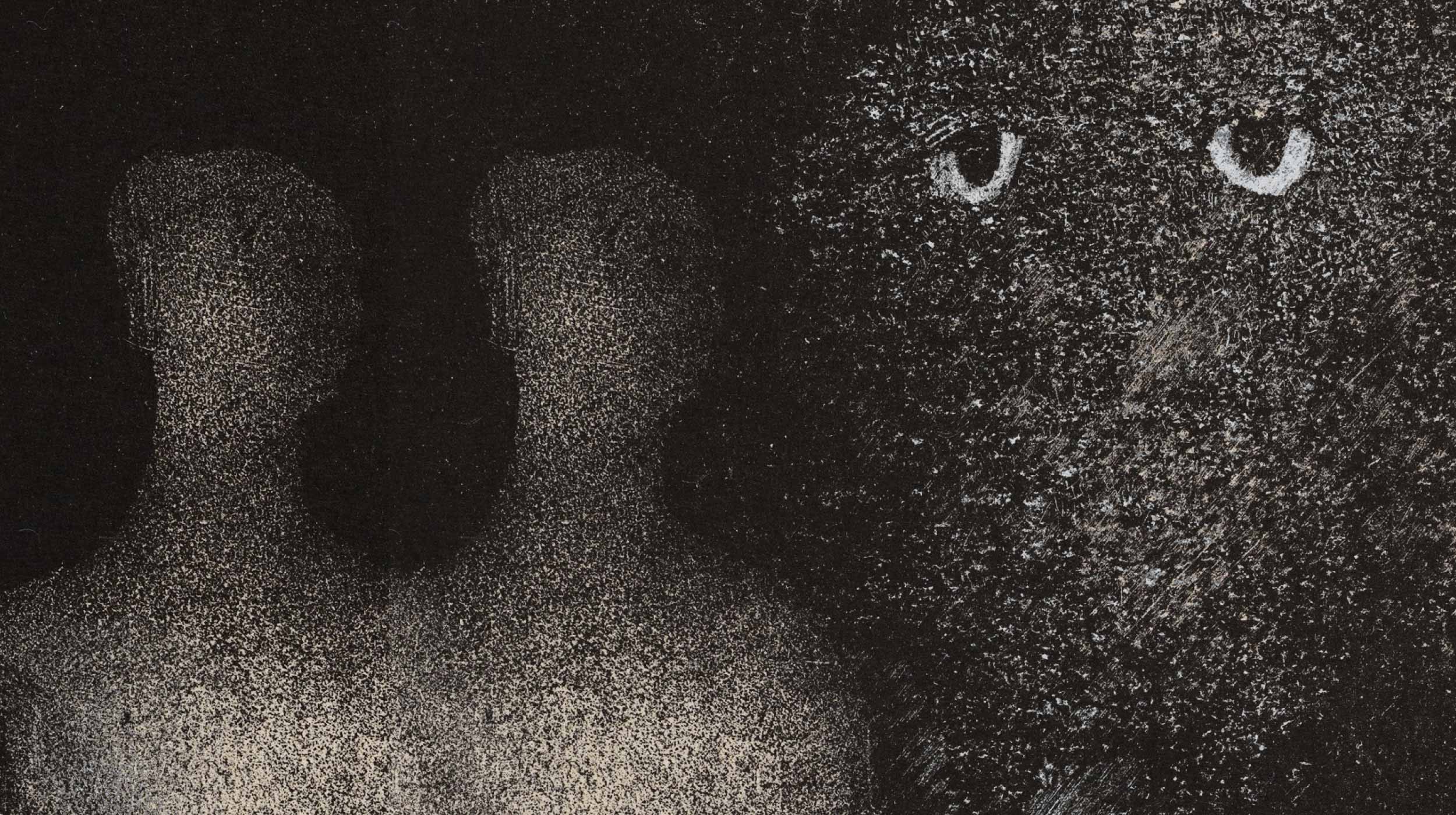 Two abstract human figures stand next to each other on the left, while a pair of white eyes emerges from a dark, textured background on the right.