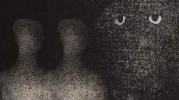 Two abstract human figures stand next to each other on the left, while a pair of white eyes emerges from a dark, textured background on the right.