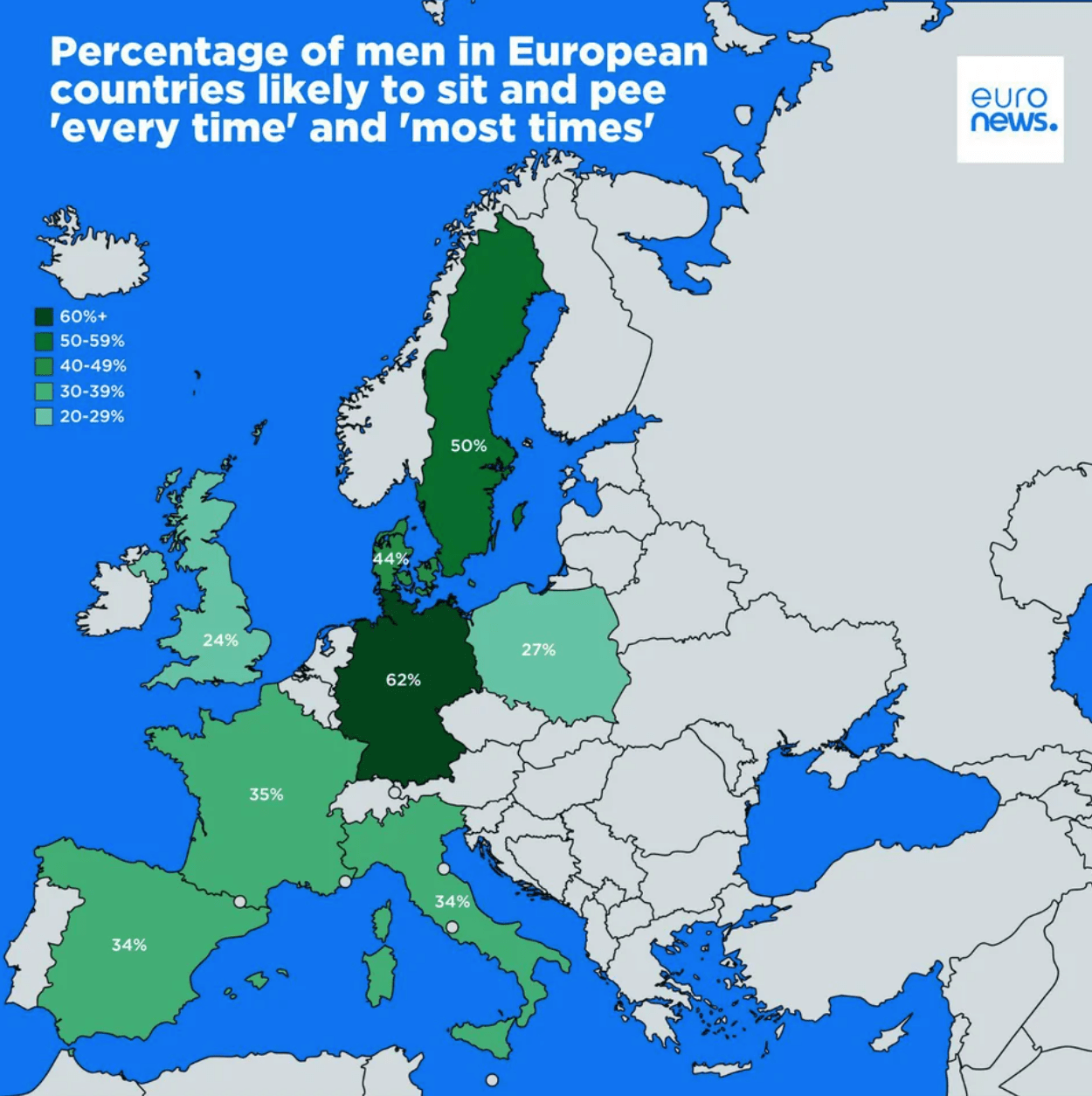 a map of europe showing percentage of men in european countries likely to sit and pee.