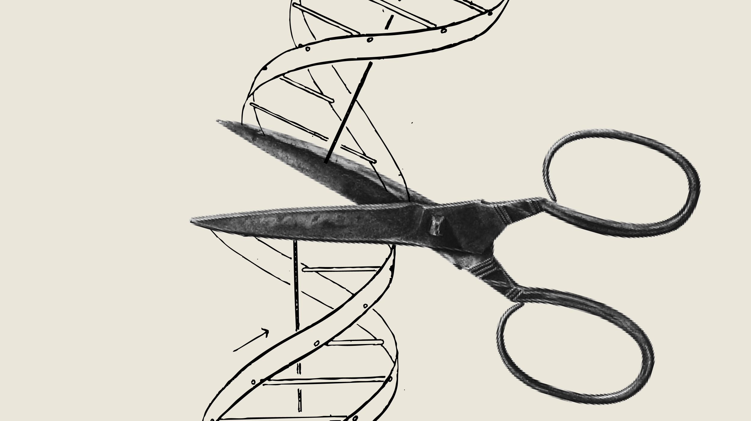 A pair of scissors appears to cut through a black and white illustration of a DNA double helix.