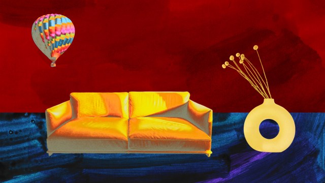 a painting of a couch and a hot air balloon.